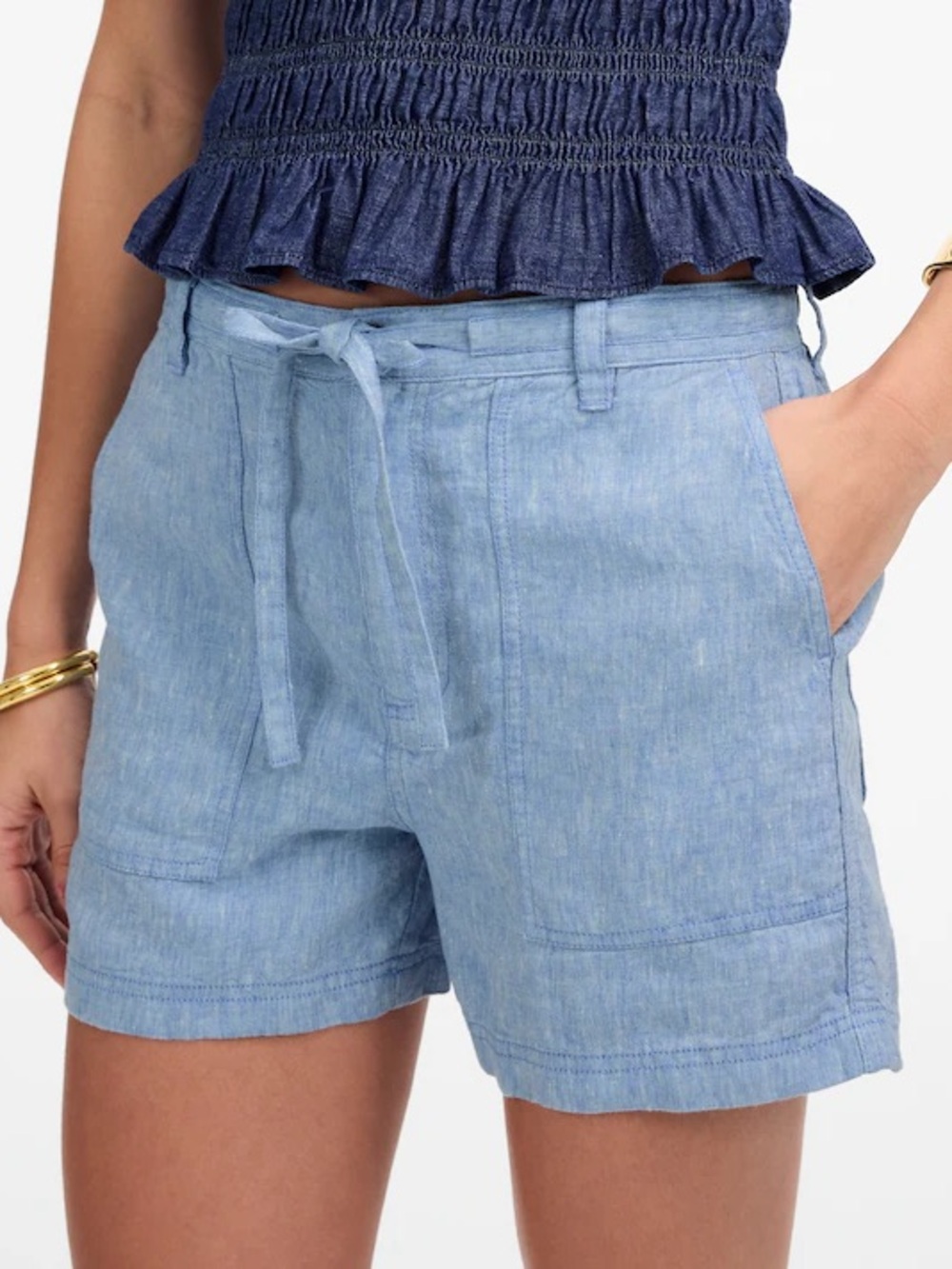Madewell Pull On Drawstring 100% Linen Shorts in Sunfaded Blue